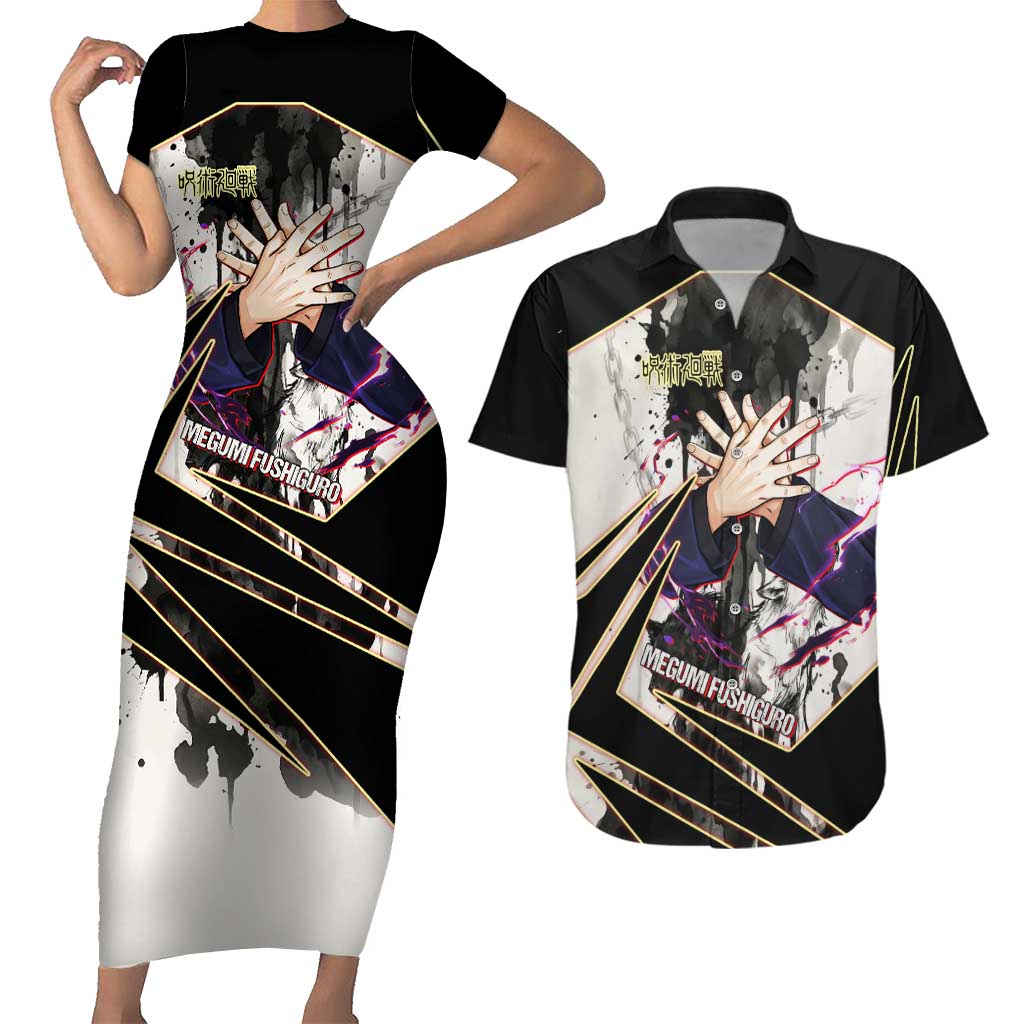 Megumi Fushiguro Shadow Master Couples Matching Short Sleeve Bodycon Dress and Hawaiian Shirt Ink-Stained Cursed Technique Style