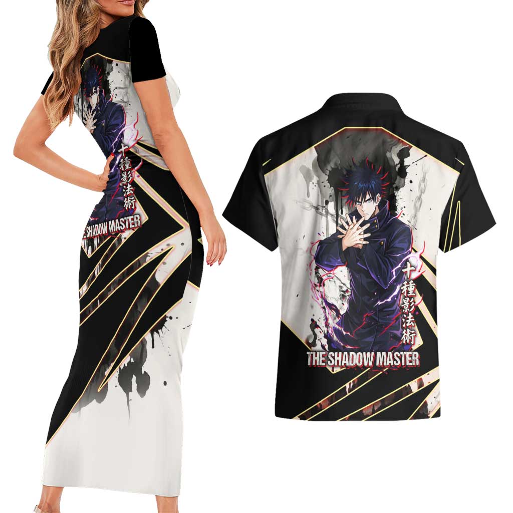 Megumi Fushiguro Shadow Master Couples Matching Short Sleeve Bodycon Dress and Hawaiian Shirt Ink-Stained Cursed Technique Style