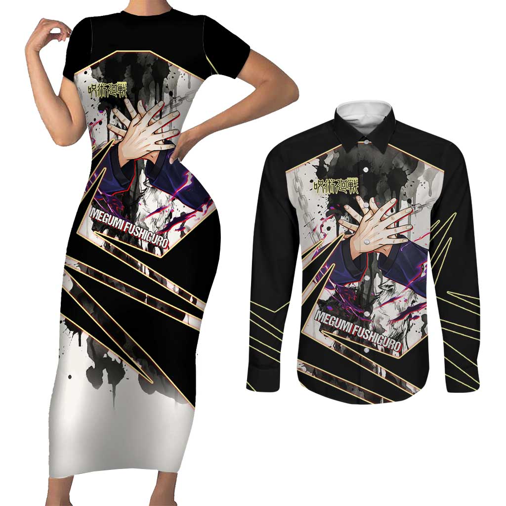 Megumi Fushiguro Shadow Master Couples Matching Short Sleeve Bodycon Dress and Long Sleeve Button Shirt Ink-Stained Cursed Technique Style