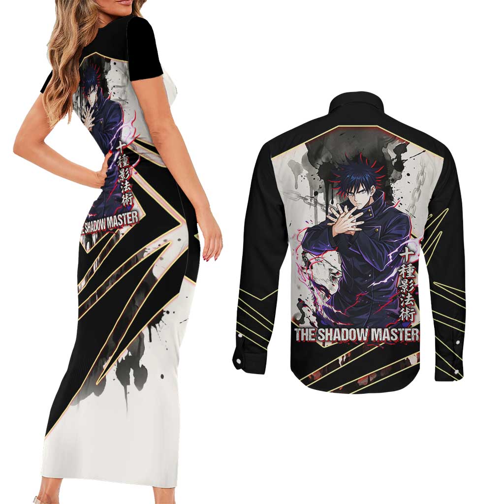 Megumi Fushiguro Shadow Master Couples Matching Short Sleeve Bodycon Dress and Long Sleeve Button Shirt Ink-Stained Cursed Technique Style