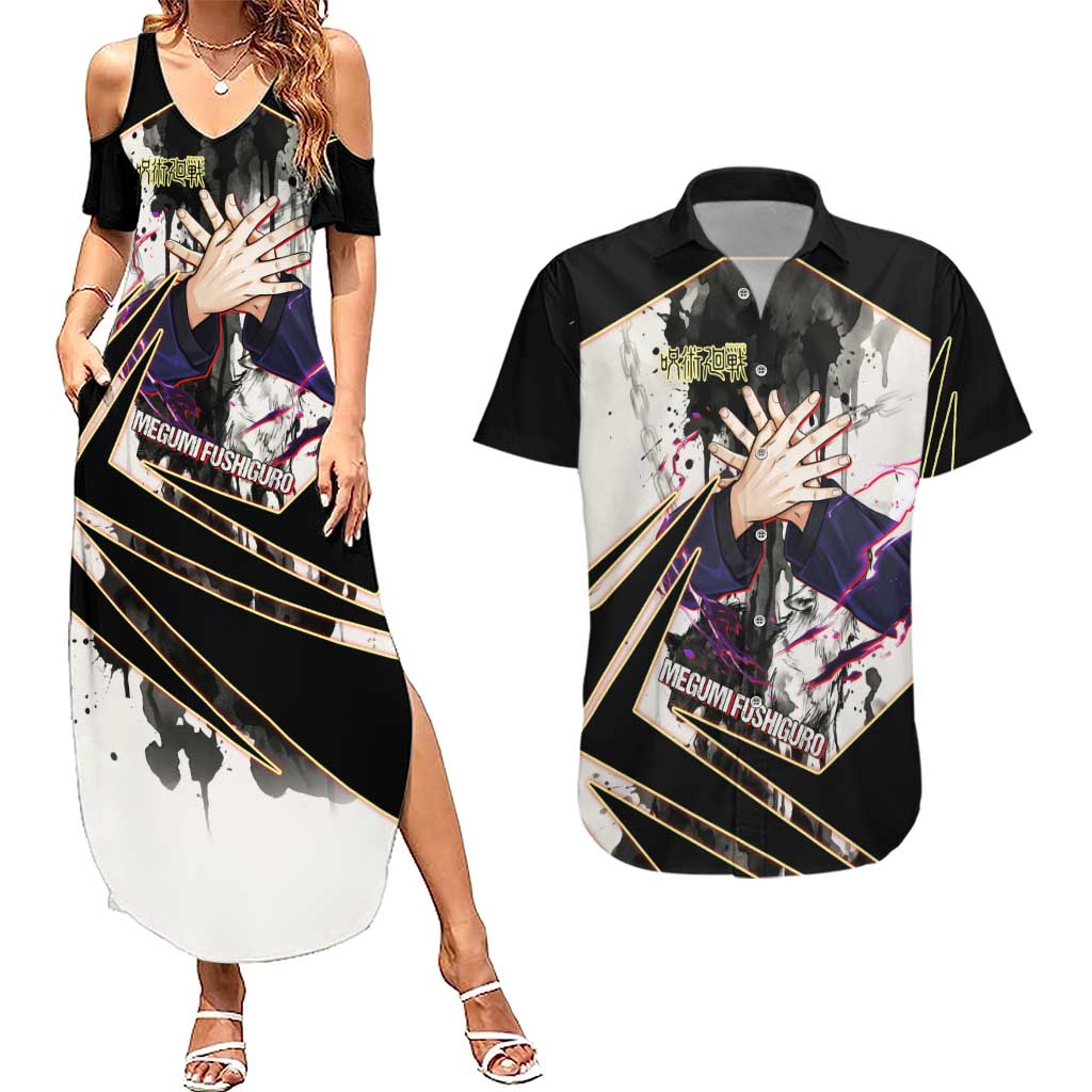 Megumi Fushiguro Shadow Master Couples Matching Summer Maxi Dress and Hawaiian Shirt Ink-Stained Cursed Technique Style
