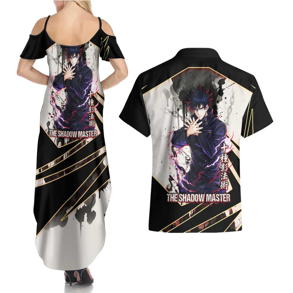 Megumi Fushiguro Shadow Master Couples Matching Summer Maxi Dress and Hawaiian Shirt Ink-Stained Cursed Technique Style