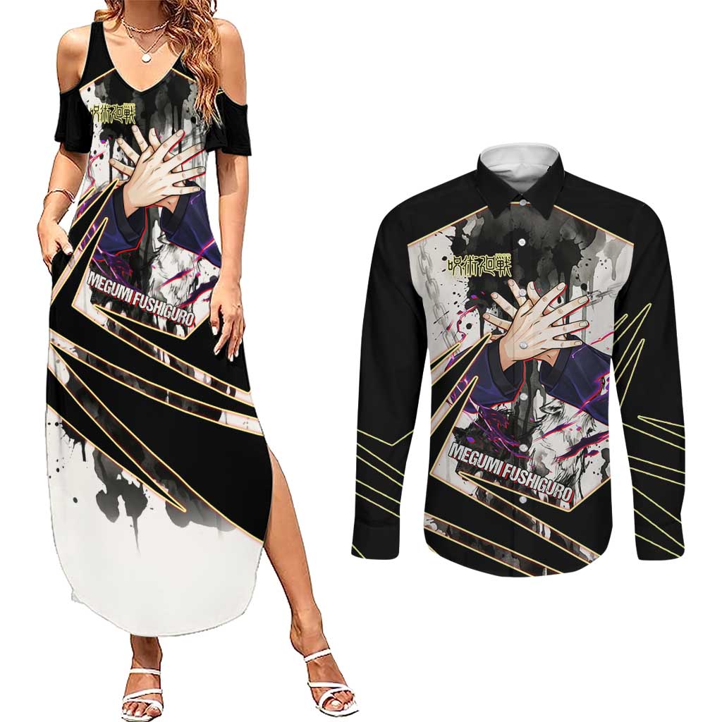 Megumi Fushiguro Shadow Master Couples Matching Summer Maxi Dress and Long Sleeve Button Shirt Ink-Stained Cursed Technique Style