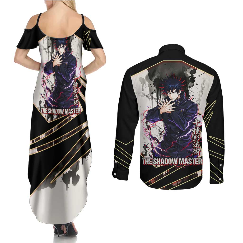 Megumi Fushiguro Shadow Master Couples Matching Summer Maxi Dress and Long Sleeve Button Shirt Ink-Stained Cursed Technique Style