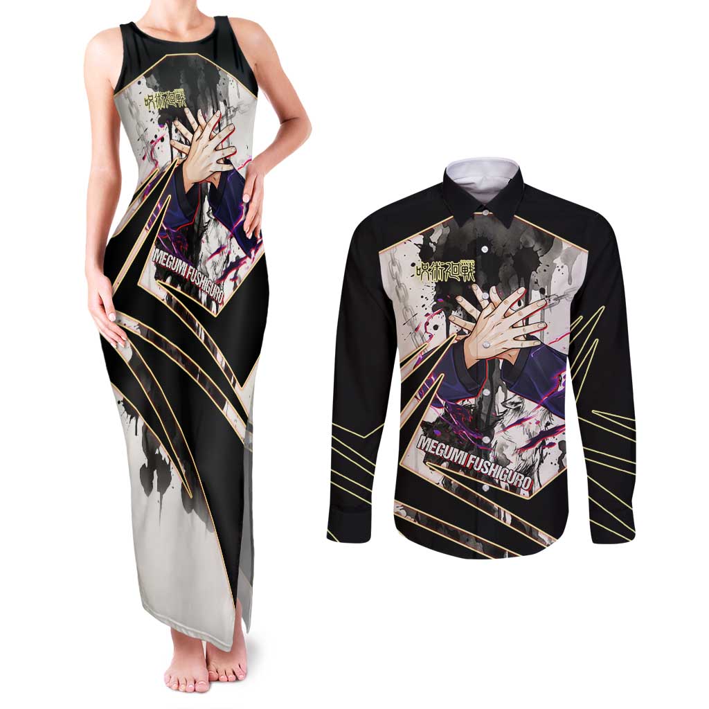 Megumi Fushiguro Shadow Master Couples Matching Tank Maxi Dress and Long Sleeve Button Shirt Ink-Stained Cursed Technique Style
