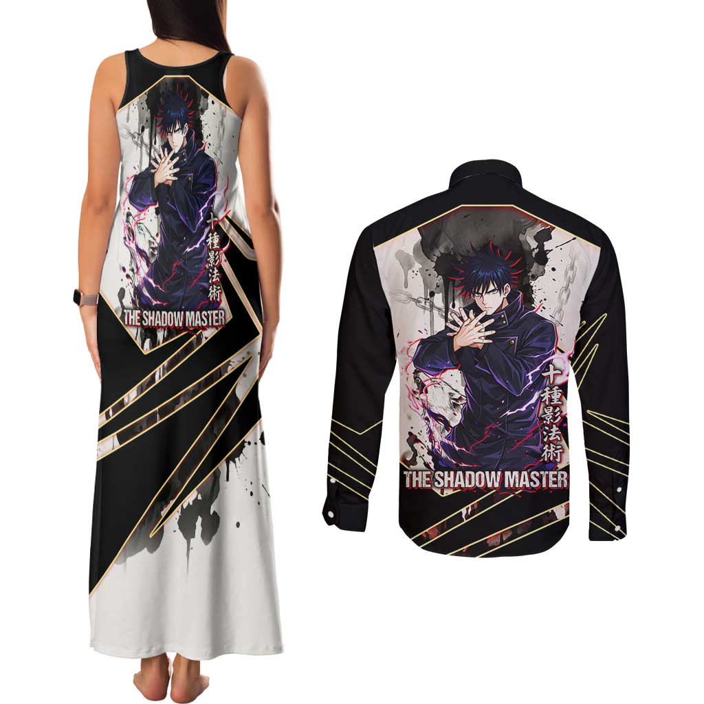 Megumi Fushiguro Shadow Master Couples Matching Tank Maxi Dress and Long Sleeve Button Shirt Ink-Stained Cursed Technique Style