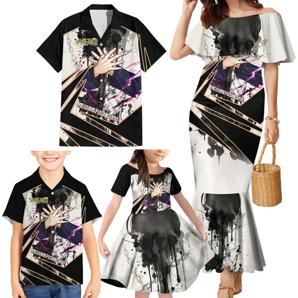 Megumi Fushiguro Shadow Master Family Matching Mermaid Dress and Hawaiian Shirt Ink-Stained Cursed Technique Style