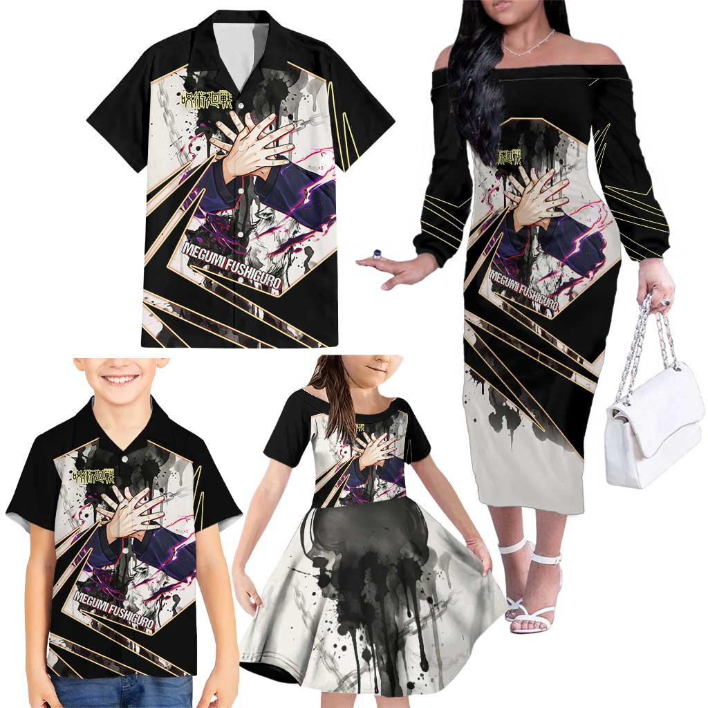 Megumi Fushiguro Shadow Master Family Matching Off The Shoulder Long Sleeve Dress and Hawaiian Shirt Ink-Stained Cursed Technique Style