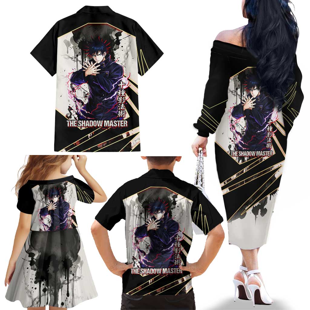 Megumi Fushiguro Shadow Master Family Matching Off The Shoulder Long Sleeve Dress and Hawaiian Shirt Ink-Stained Cursed Technique Style