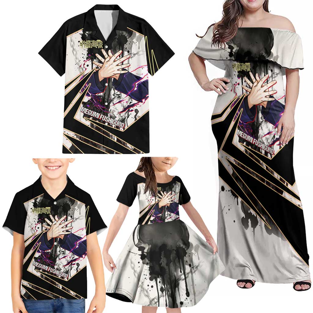 Megumi Fushiguro Shadow Master Family Matching Off Shoulder Maxi Dress and Hawaiian Shirt Ink-Stained Cursed Technique Style