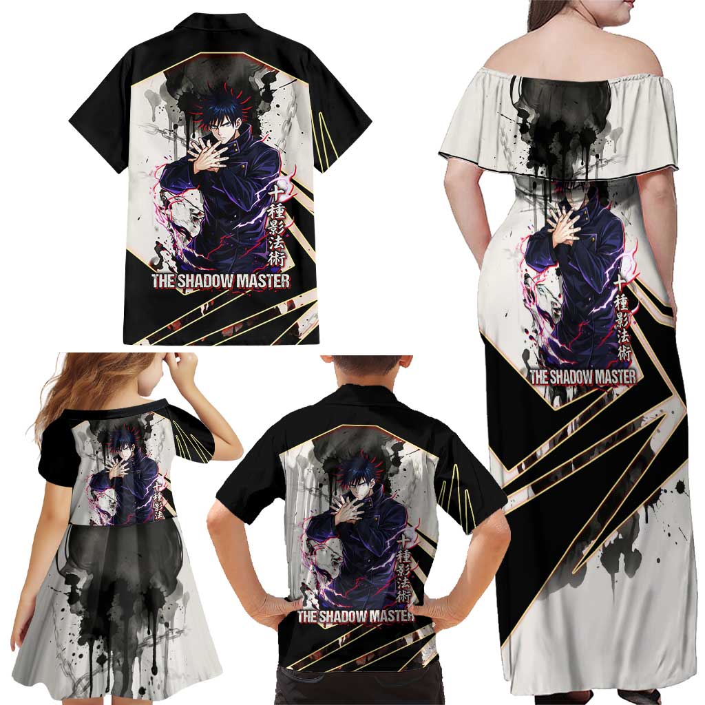 Megumi Fushiguro Shadow Master Family Matching Off Shoulder Maxi Dress and Hawaiian Shirt Ink-Stained Cursed Technique Style