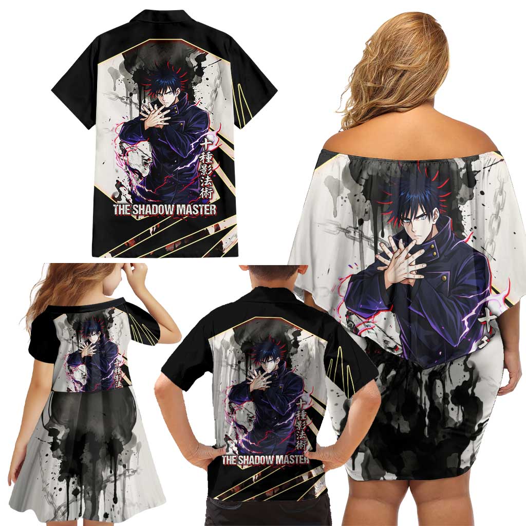 Megumi Fushiguro Shadow Master Family Matching Off Shoulder Short Dress and Hawaiian Shirt Ink-Stained Cursed Technique Style