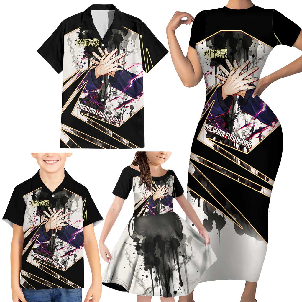 Megumi Fushiguro Shadow Master Family Matching Short Sleeve Bodycon Dress and Hawaiian Shirt Ink-Stained Cursed Technique Style