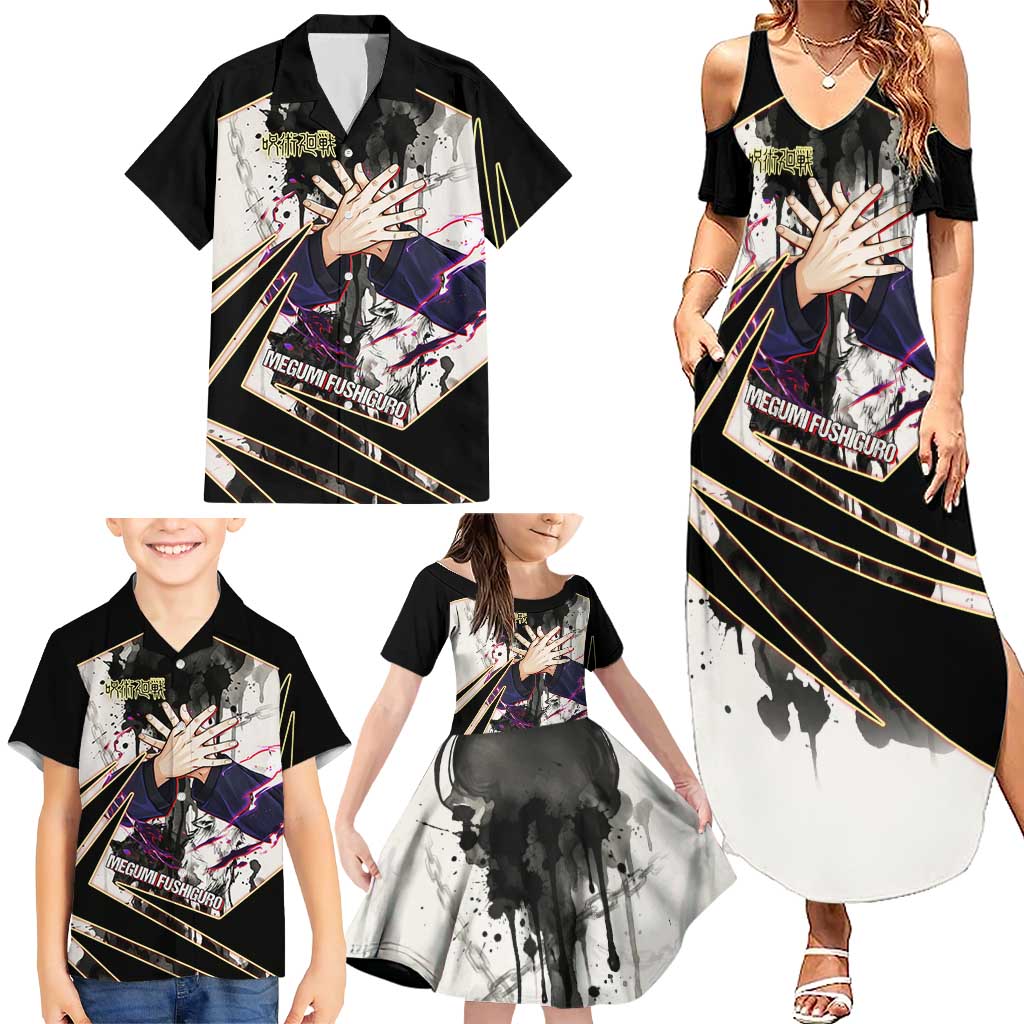 Megumi Fushiguro Shadow Master Family Matching Summer Maxi Dress and Hawaiian Shirt Ink-Stained Cursed Technique Style