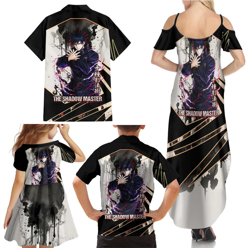 Megumi Fushiguro Shadow Master Family Matching Summer Maxi Dress and Hawaiian Shirt Ink-Stained Cursed Technique Style