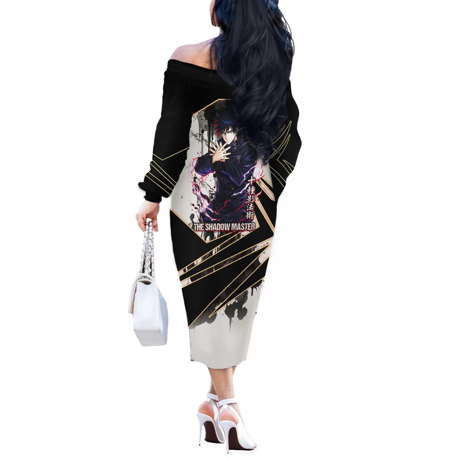 Megumi Fushiguro Shadow Master Off The Shoulder Long Sleeve Dress Ink-Stained Cursed Technique Style