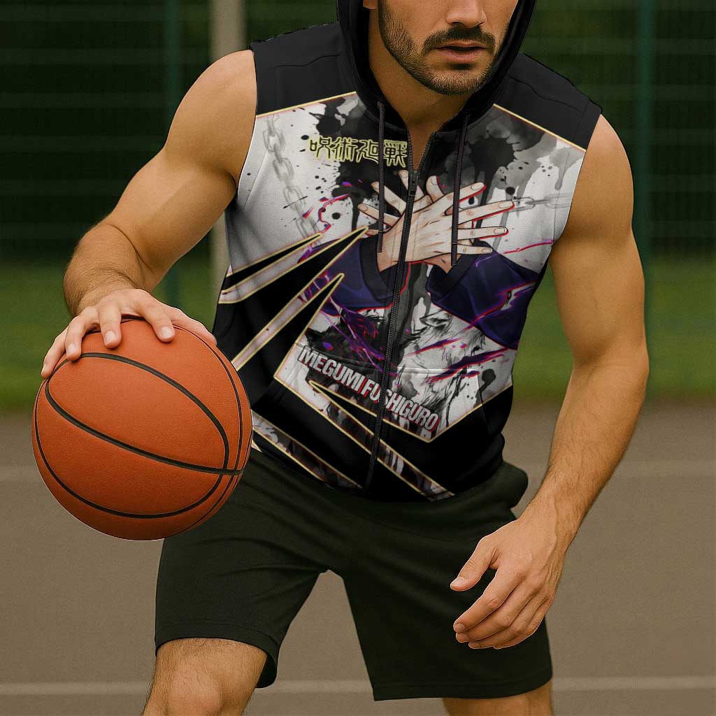 Megumi Fushiguro Shadow Master Sleeveless Zip Hoodie Ink-Stained Cursed Technique Style