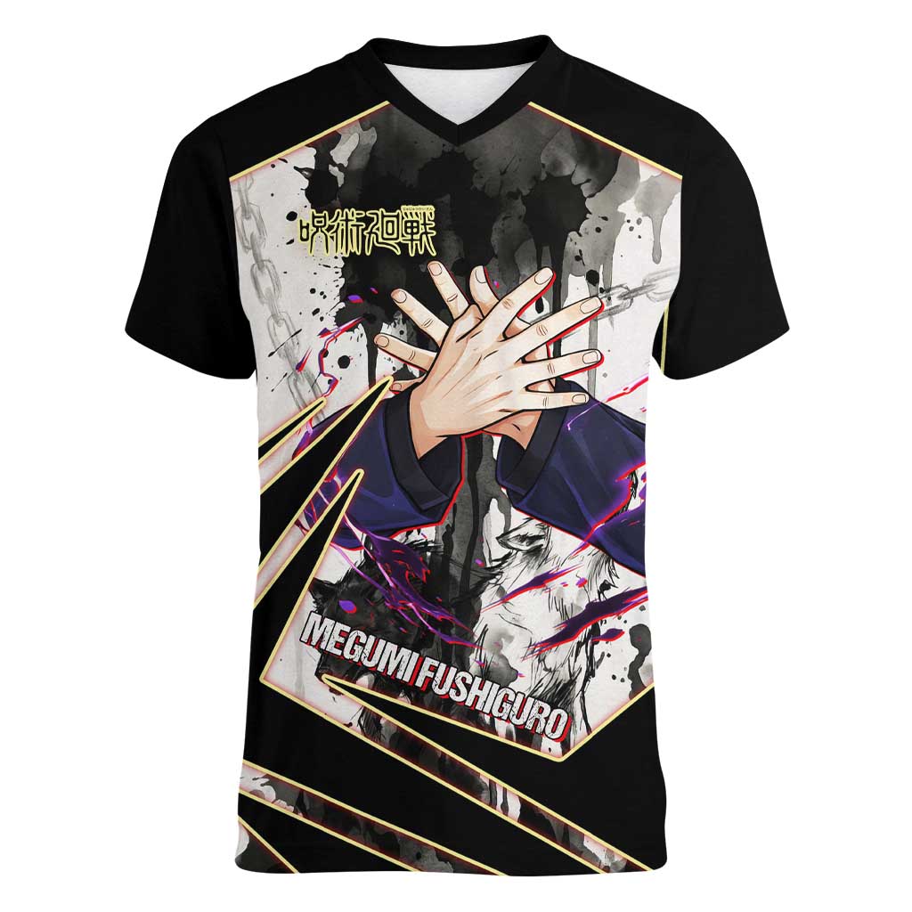 Megumi Fushiguro Shadow Master Women V-Neck T-Shirt Ink-Stained Cursed Technique Style