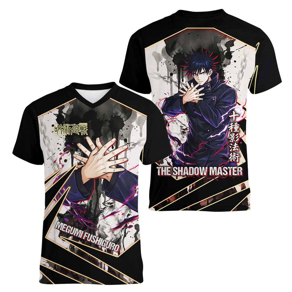 Megumi Fushiguro Shadow Master Women V-Neck T-Shirt Ink-Stained Cursed Technique Style