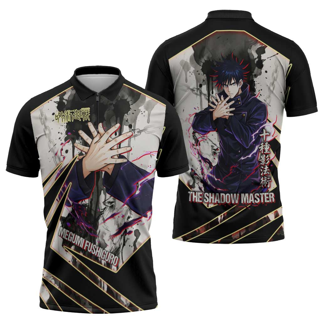 Megumi Fushiguro Shadow Master Zipper Polo Shirt Ink-Stained Cursed Technique Style