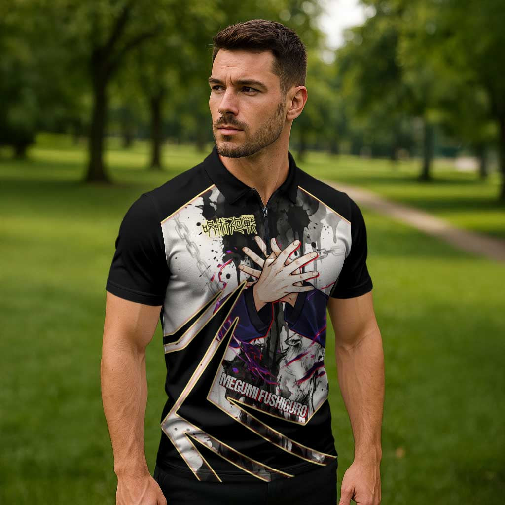 Megumi Fushiguro Shadow Master Zipper Polo Shirt Ink-Stained Cursed Technique Style