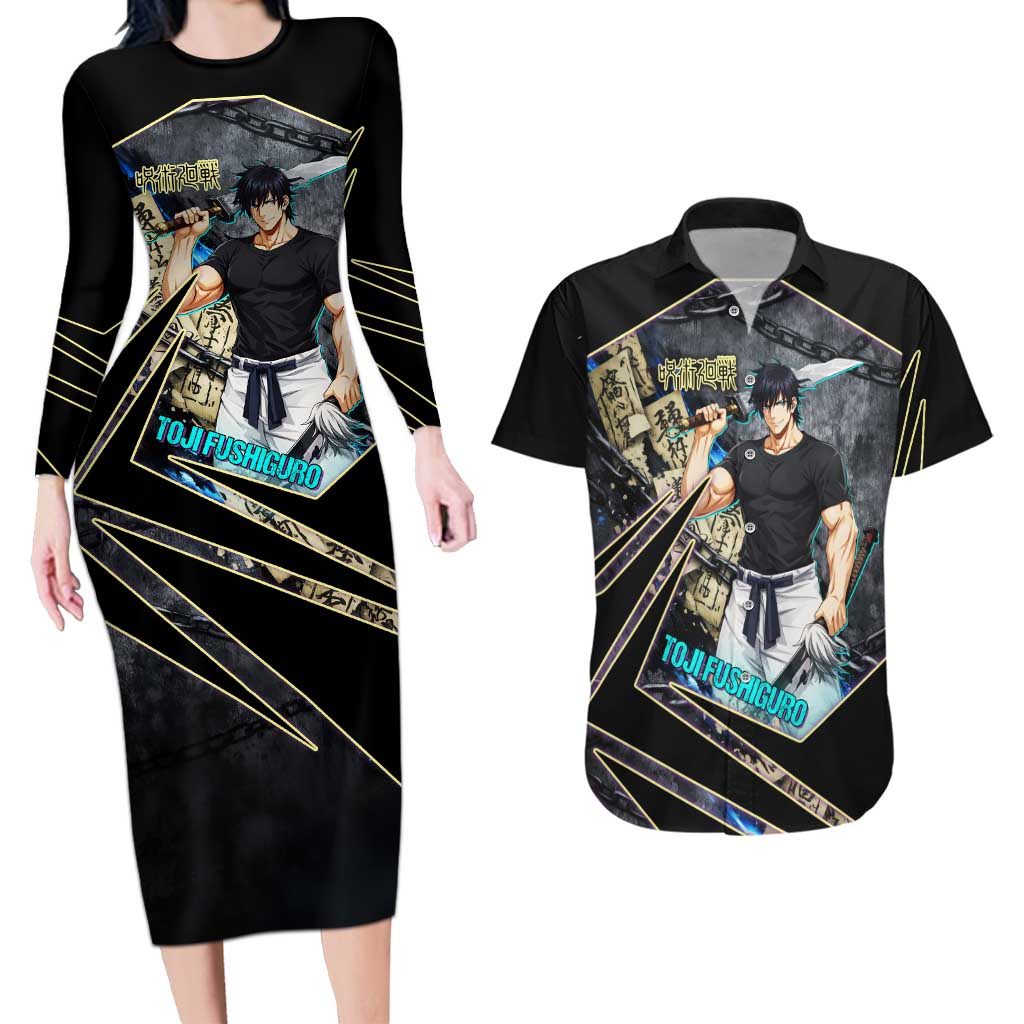 Toji Fushiguro Sorcerer Killer Couples Matching Long Sleeve Bodycon Dress and Hawaiian Shirt Dark Scroll Samurai Ink Style