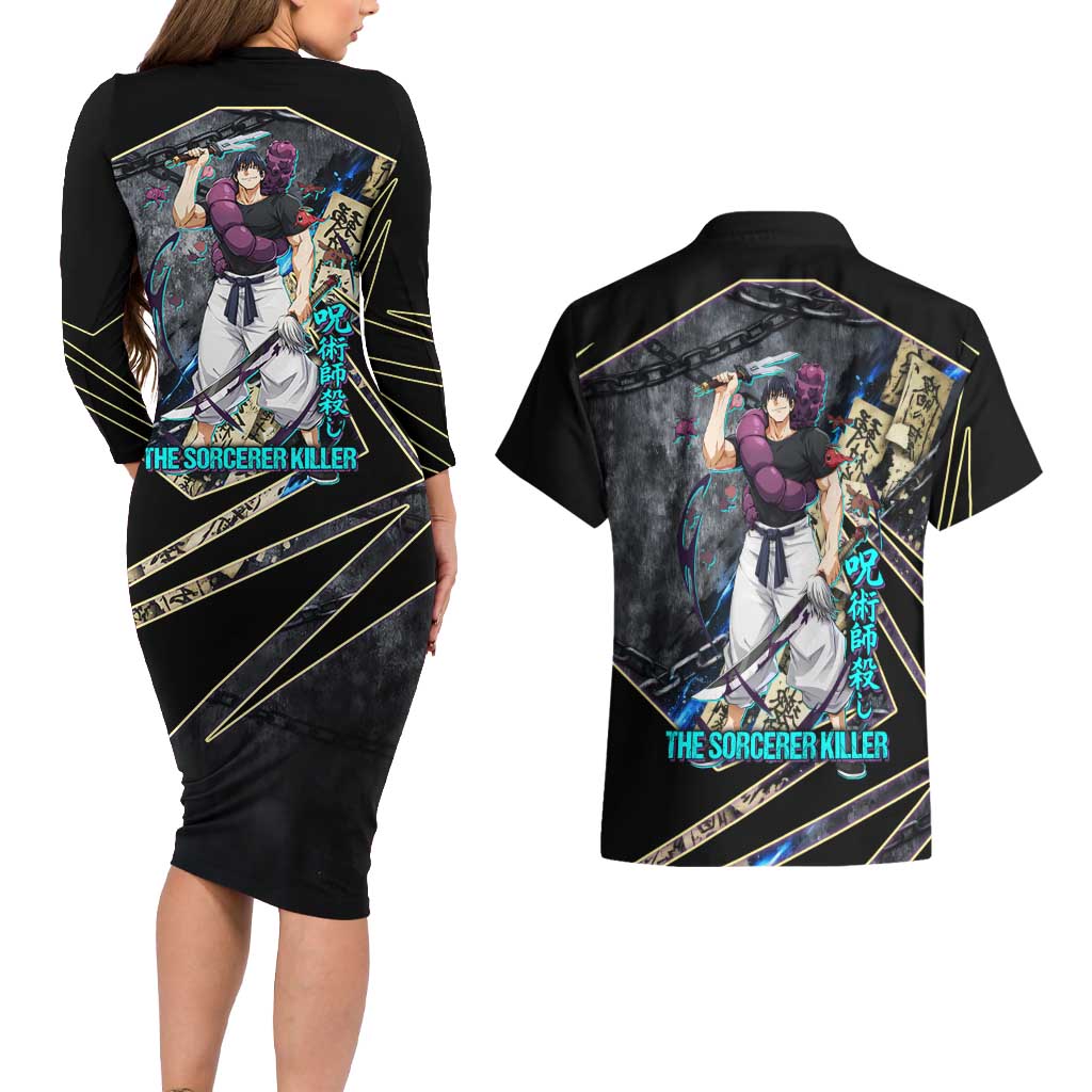 Toji Fushiguro Sorcerer Killer Couples Matching Long Sleeve Bodycon Dress and Hawaiian Shirt Dark Scroll Samurai Ink Style