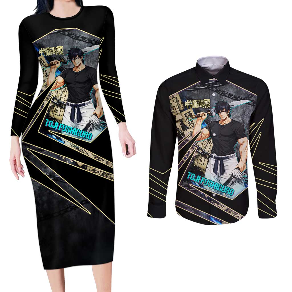 Toji Fushiguro Sorcerer Killer Couples Matching Long Sleeve Bodycon Dress and Long Sleeve Button Shirt Dark Scroll Samurai Ink Style