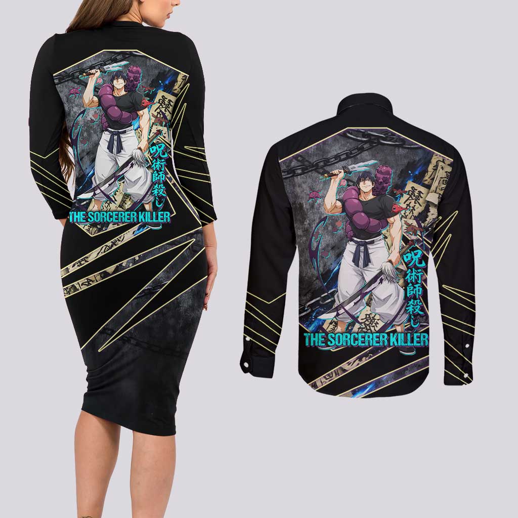 Toji Fushiguro Sorcerer Killer Couples Matching Long Sleeve Bodycon Dress and Long Sleeve Button Shirt Dark Scroll Samurai Ink Style