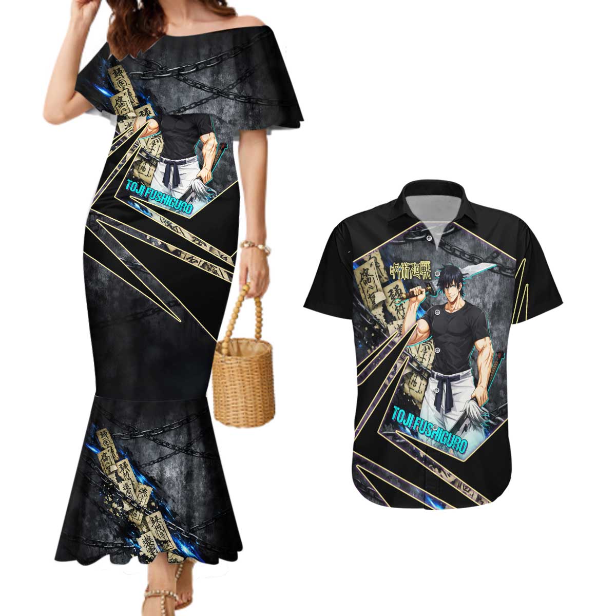 Toji Fushiguro Sorcerer Killer Couples Matching Mermaid Dress and Hawaiian Shirt Dark Scroll Samurai Ink Style