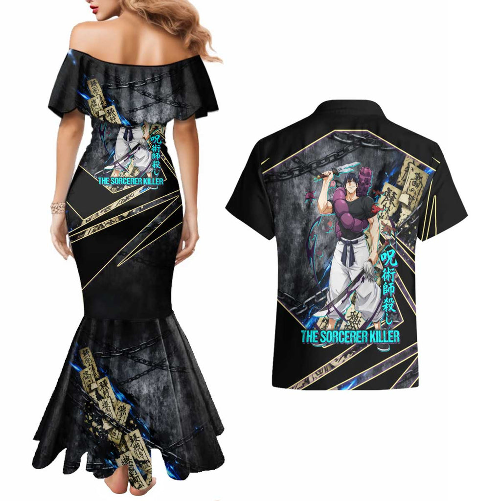 Toji Fushiguro Sorcerer Killer Couples Matching Mermaid Dress and Hawaiian Shirt Dark Scroll Samurai Ink Style