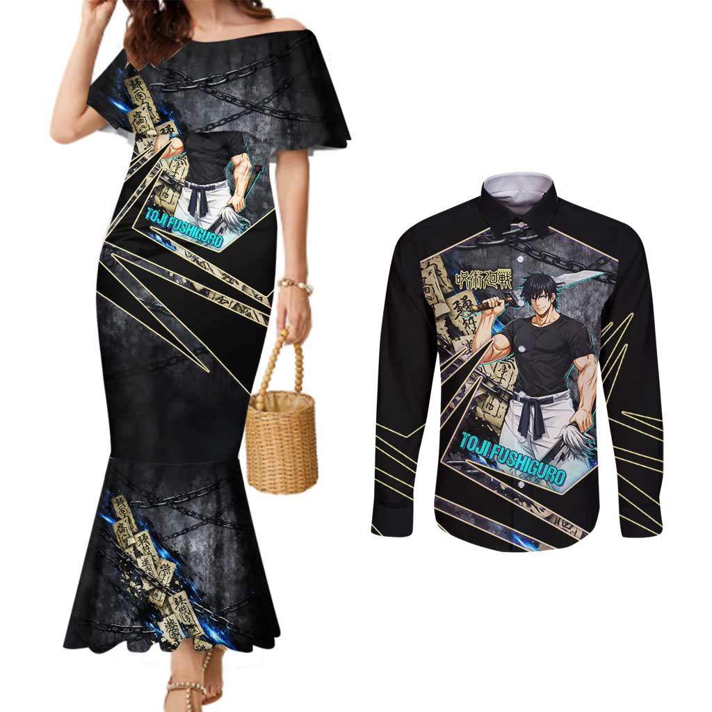 Toji Fushiguro Sorcerer Killer Couples Matching Mermaid Dress and Long Sleeve Button Shirt Dark Scroll Samurai Ink Style