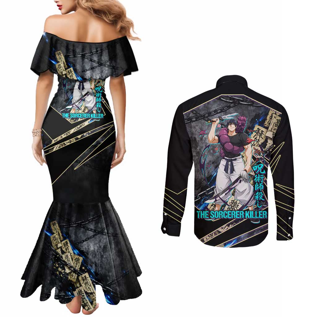 Toji Fushiguro Sorcerer Killer Couples Matching Mermaid Dress and Long Sleeve Button Shirt Dark Scroll Samurai Ink Style