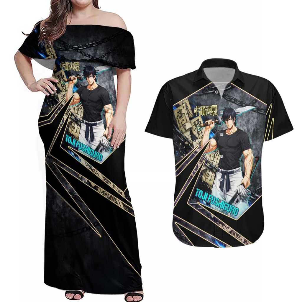 Toji Fushiguro Sorcerer Killer Couples Matching Off Shoulder Maxi Dress and Hawaiian Shirt Dark Scroll Samurai Ink Style