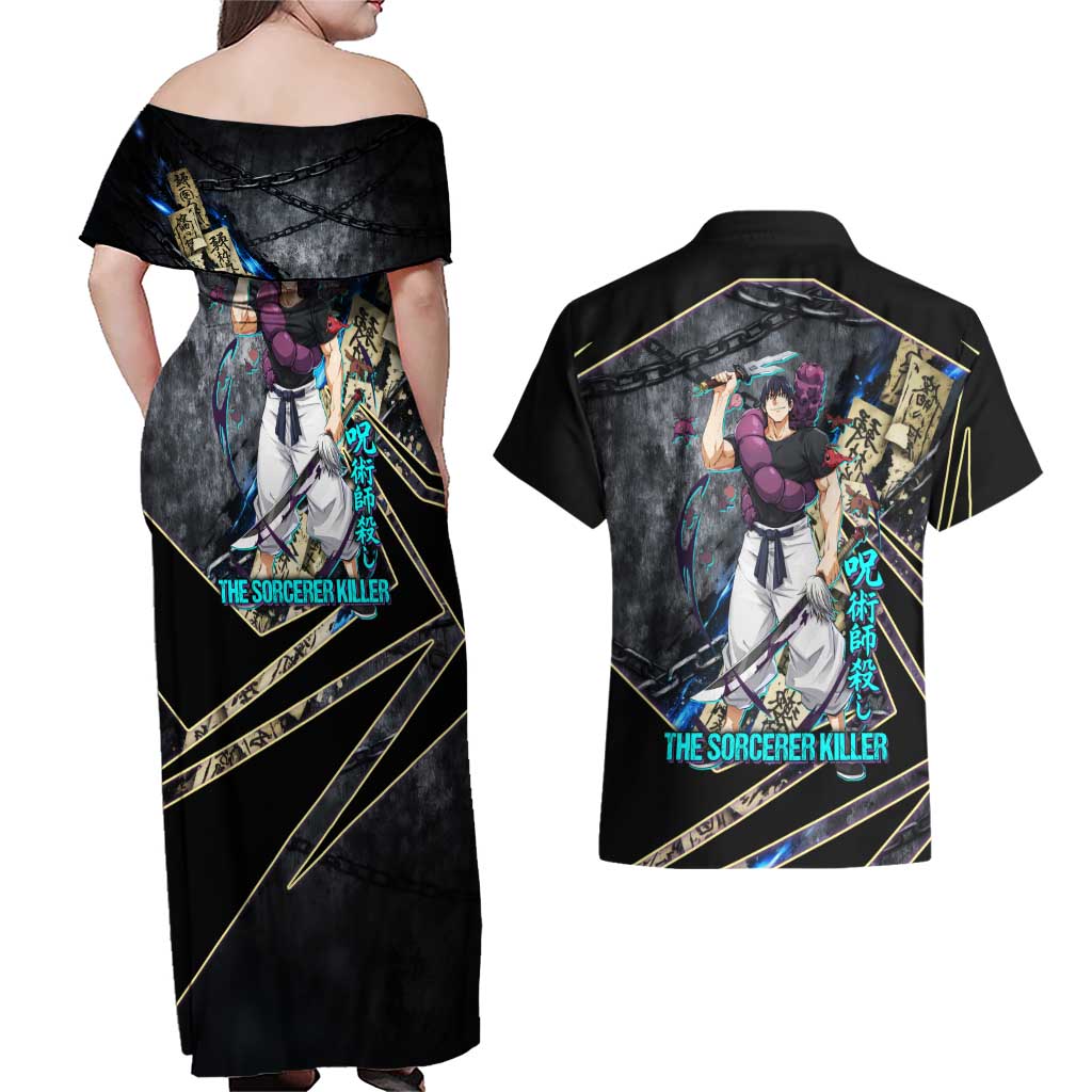 Toji Fushiguro Sorcerer Killer Couples Matching Off Shoulder Maxi Dress and Hawaiian Shirt Dark Scroll Samurai Ink Style