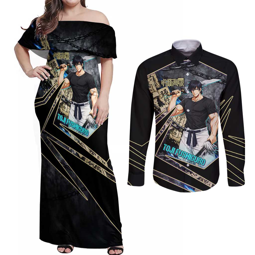 Toji Fushiguro Sorcerer Killer Couples Matching Off Shoulder Maxi Dress and Long Sleeve Button Shirt Dark Scroll Samurai Ink Style