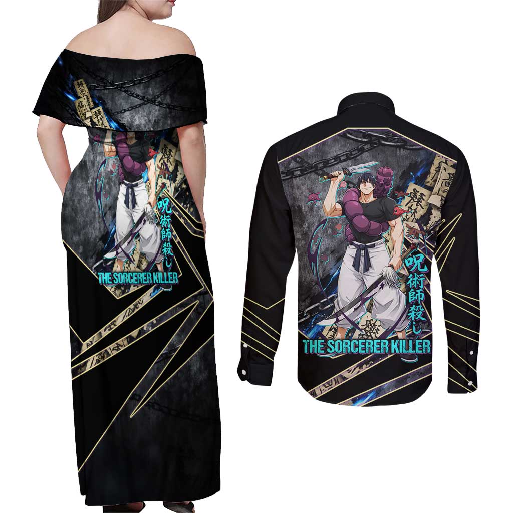 Toji Fushiguro Sorcerer Killer Couples Matching Off Shoulder Maxi Dress and Long Sleeve Button Shirt Dark Scroll Samurai Ink Style