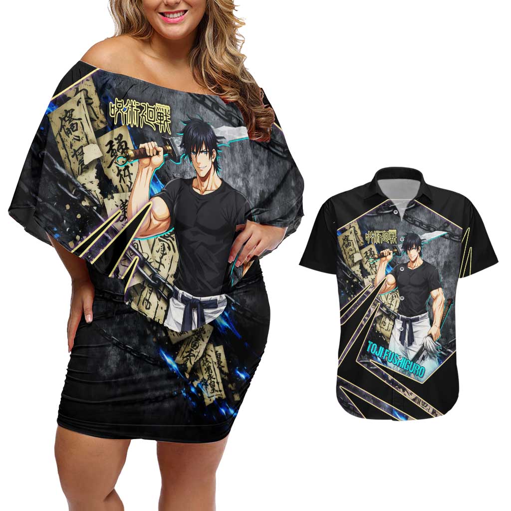 Toji Fushiguro Sorcerer Killer Couples Matching Off Shoulder Short Dress and Hawaiian Shirt Dark Scroll Samurai Ink Style