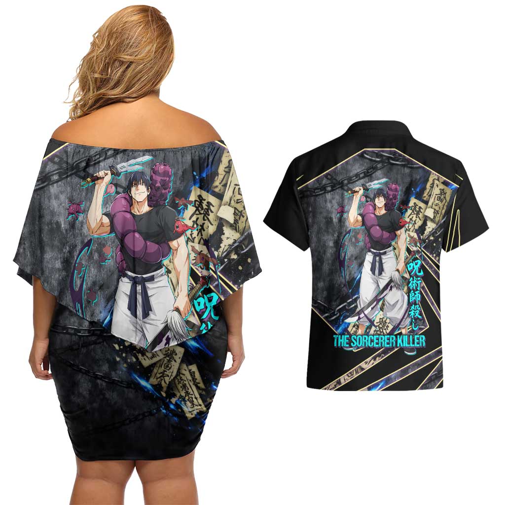 Toji Fushiguro Sorcerer Killer Couples Matching Off Shoulder Short Dress and Hawaiian Shirt Dark Scroll Samurai Ink Style
