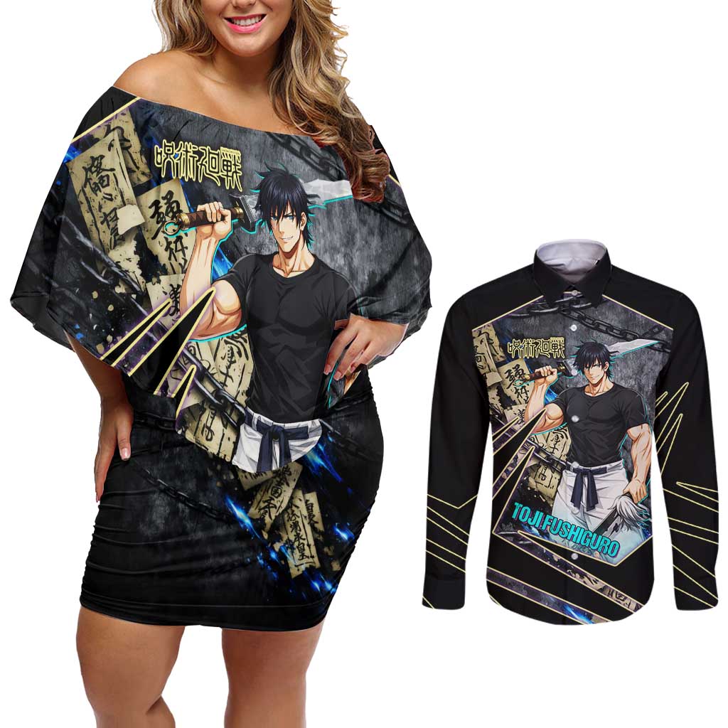 Toji Fushiguro Sorcerer Killer Couples Matching Off Shoulder Short Dress and Long Sleeve Button Shirt Dark Scroll Samurai Ink Style