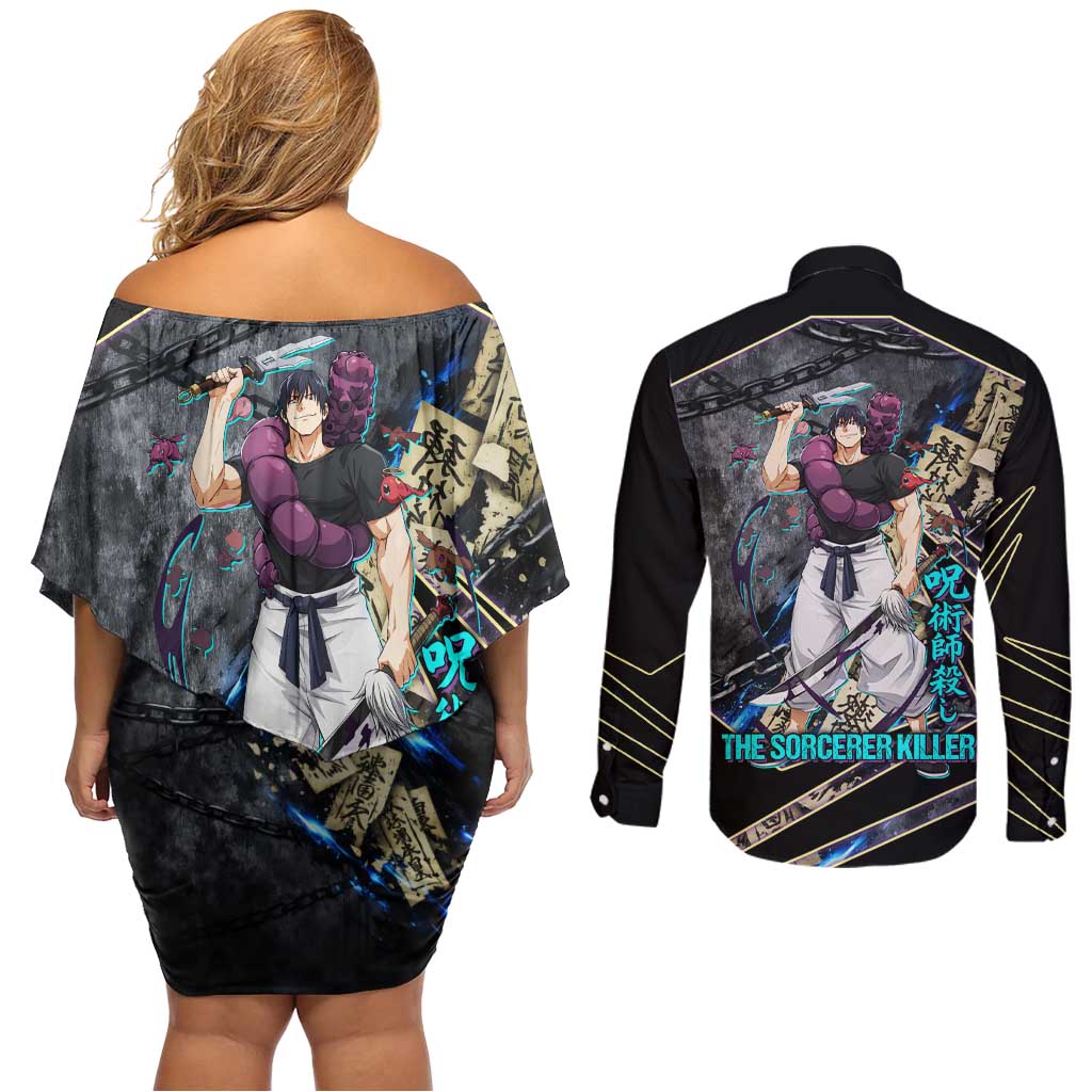 Toji Fushiguro Sorcerer Killer Couples Matching Off Shoulder Short Dress and Long Sleeve Button Shirt Dark Scroll Samurai Ink Style