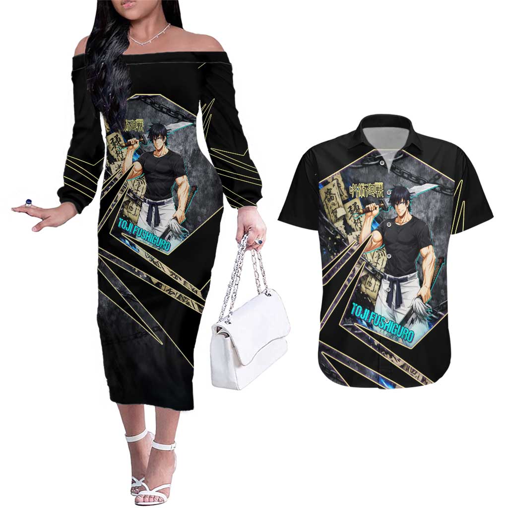Toji Fushiguro Sorcerer Killer Couples Matching Off The Shoulder Long Sleeve Dress and Hawaiian Shirt Dark Scroll Samurai Ink Style