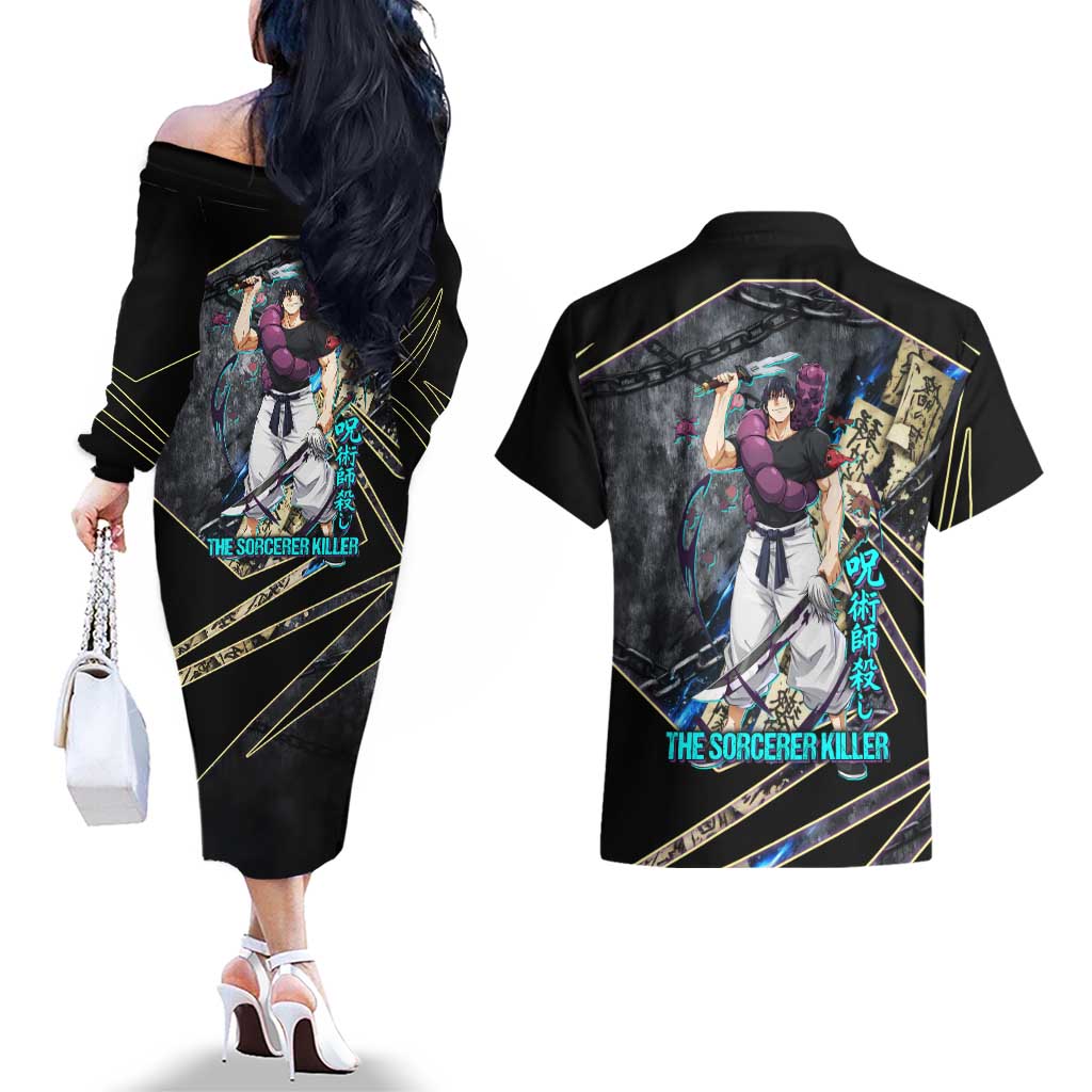 Toji Fushiguro Sorcerer Killer Couples Matching Off The Shoulder Long Sleeve Dress and Hawaiian Shirt Dark Scroll Samurai Ink Style