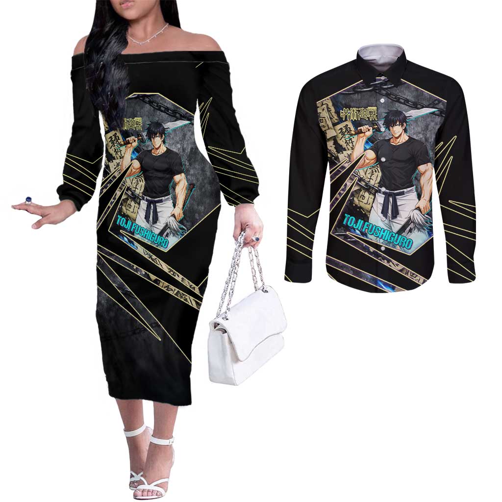 Toji Fushiguro Sorcerer Killer Couples Matching Off The Shoulder Long Sleeve Dress and Long Sleeve Button Shirt Dark Scroll Samurai Ink Style