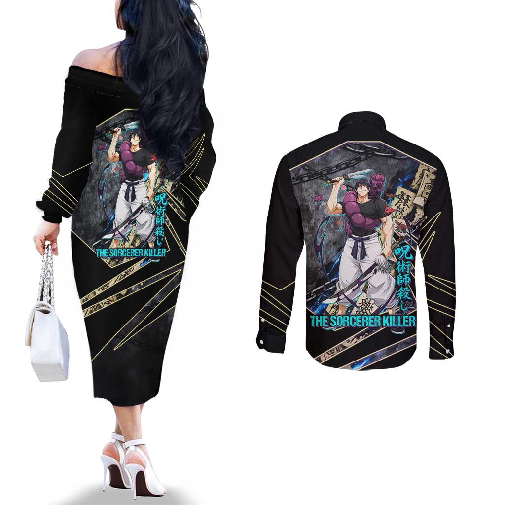 Toji Fushiguro Sorcerer Killer Couples Matching Off The Shoulder Long Sleeve Dress and Long Sleeve Button Shirt Dark Scroll Samurai Ink Style