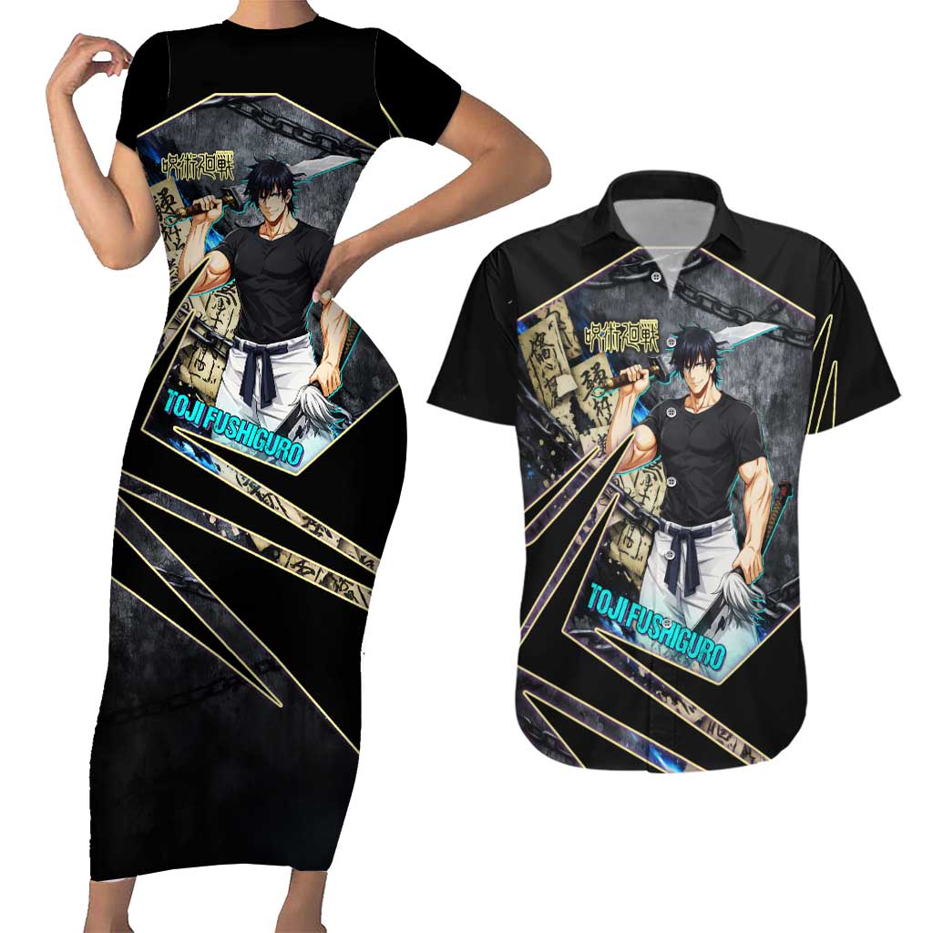 Toji Fushiguro Sorcerer Killer Couples Matching Short Sleeve Bodycon Dress and Hawaiian Shirt Dark Scroll Samurai Ink Style