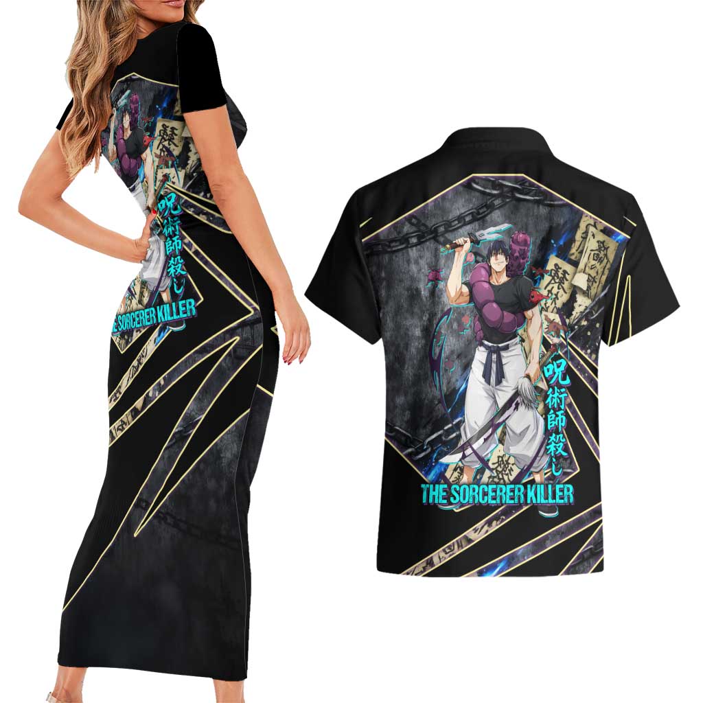 Toji Fushiguro Sorcerer Killer Couples Matching Short Sleeve Bodycon Dress and Hawaiian Shirt Dark Scroll Samurai Ink Style