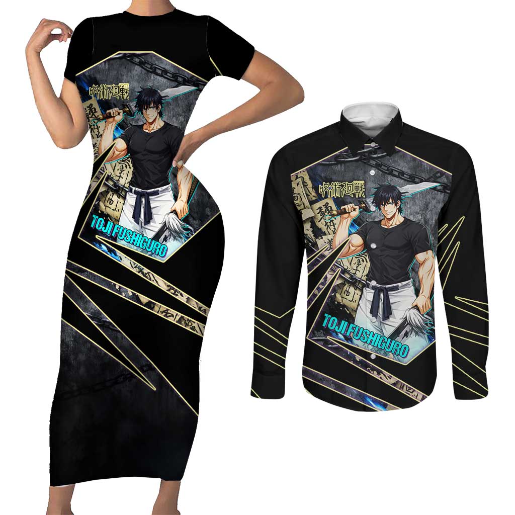 Toji Fushiguro Sorcerer Killer Couples Matching Short Sleeve Bodycon Dress and Long Sleeve Button Shirt Dark Scroll Samurai Ink Style