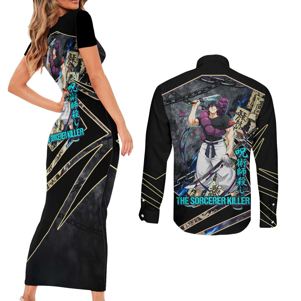 Toji Fushiguro Sorcerer Killer Couples Matching Short Sleeve Bodycon Dress and Long Sleeve Button Shirt Dark Scroll Samurai Ink Style