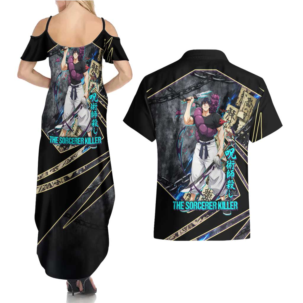 Toji Fushiguro Sorcerer Killer Couples Matching Summer Maxi Dress and Hawaiian Shirt Dark Scroll Samurai Ink Style